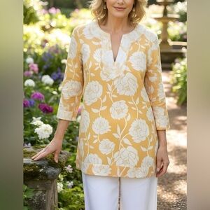 Charter Club Bohemian Apricot Loose Fit Linen Embellished Embroidered Shirt